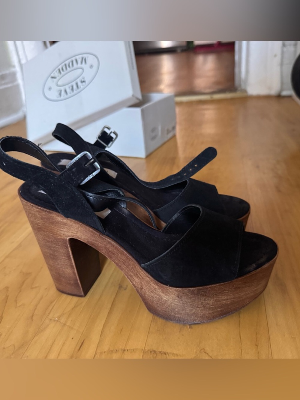 Steve Madden Black Suede Platform Sandals with Wooden Block Heel
